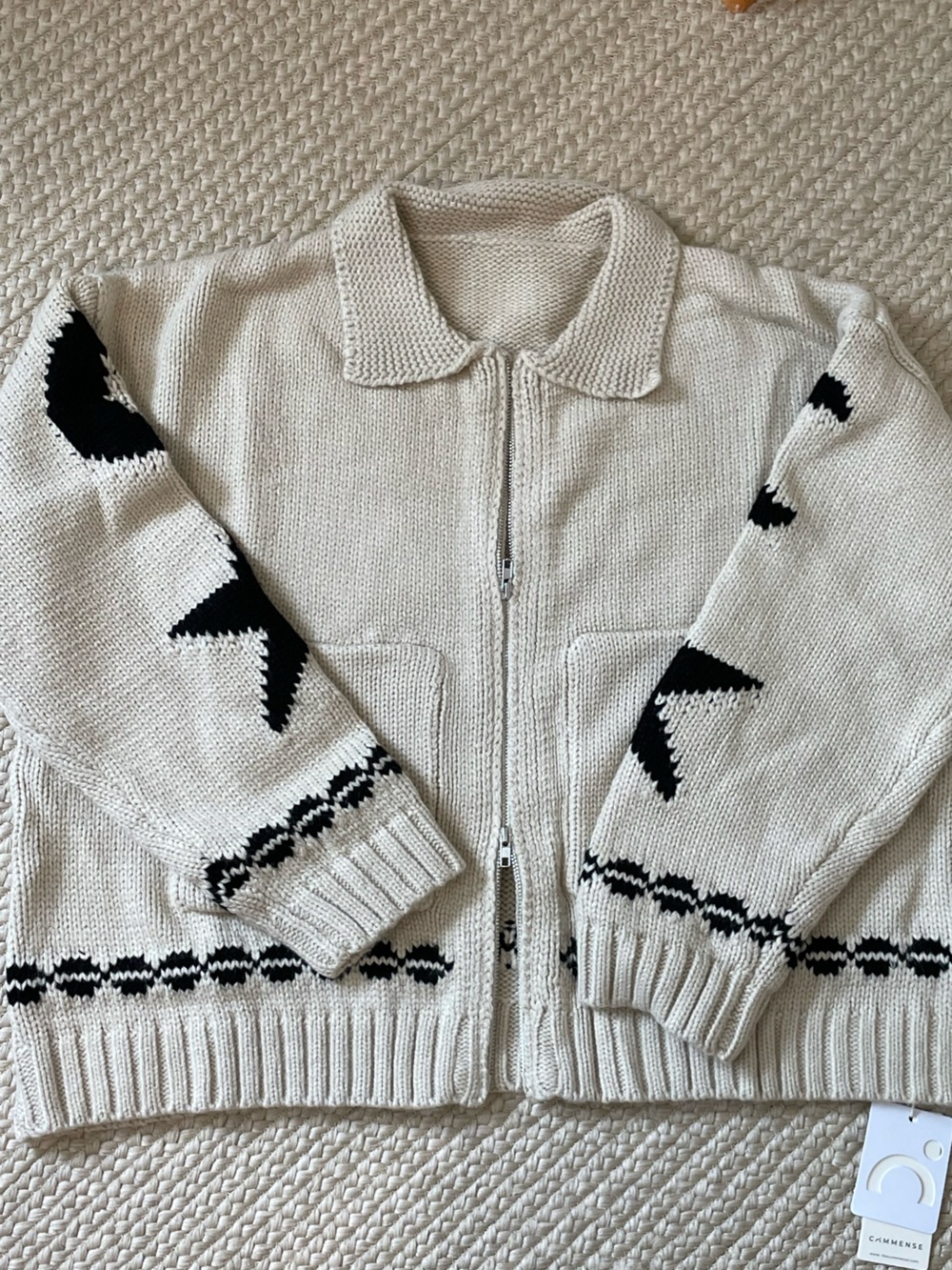 Commence Cream Double Zip-Front Chunky Knit with Black Star Detail - Picture 7 of 7